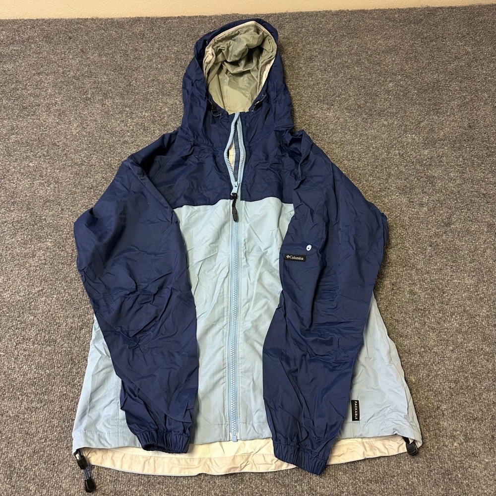 Columbia Jacket Womens L Blue Colorblock Packable Hooded Windbreaker Full Zip